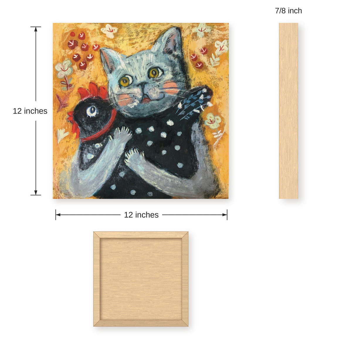 Echoes of Innocence: Cat Hugging a Chicken, Whimsical Pastel Art Print on Board