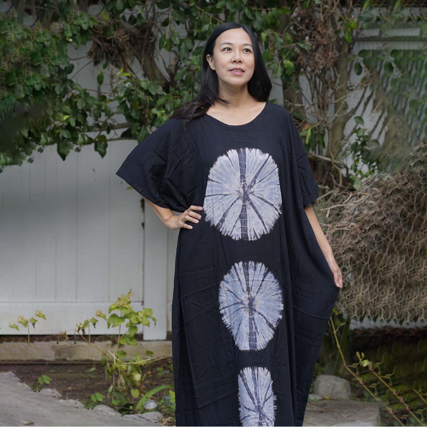 Kaftan Tie Dye Long Dress Shibori Black White Floral Pattern