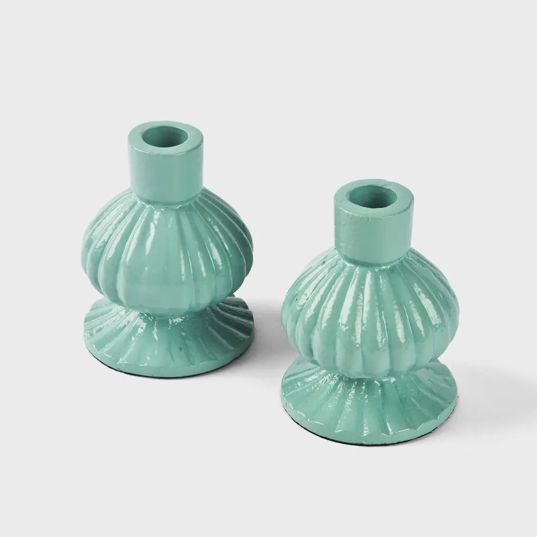 S/2 Sculpted Aluminum White Candlesticks