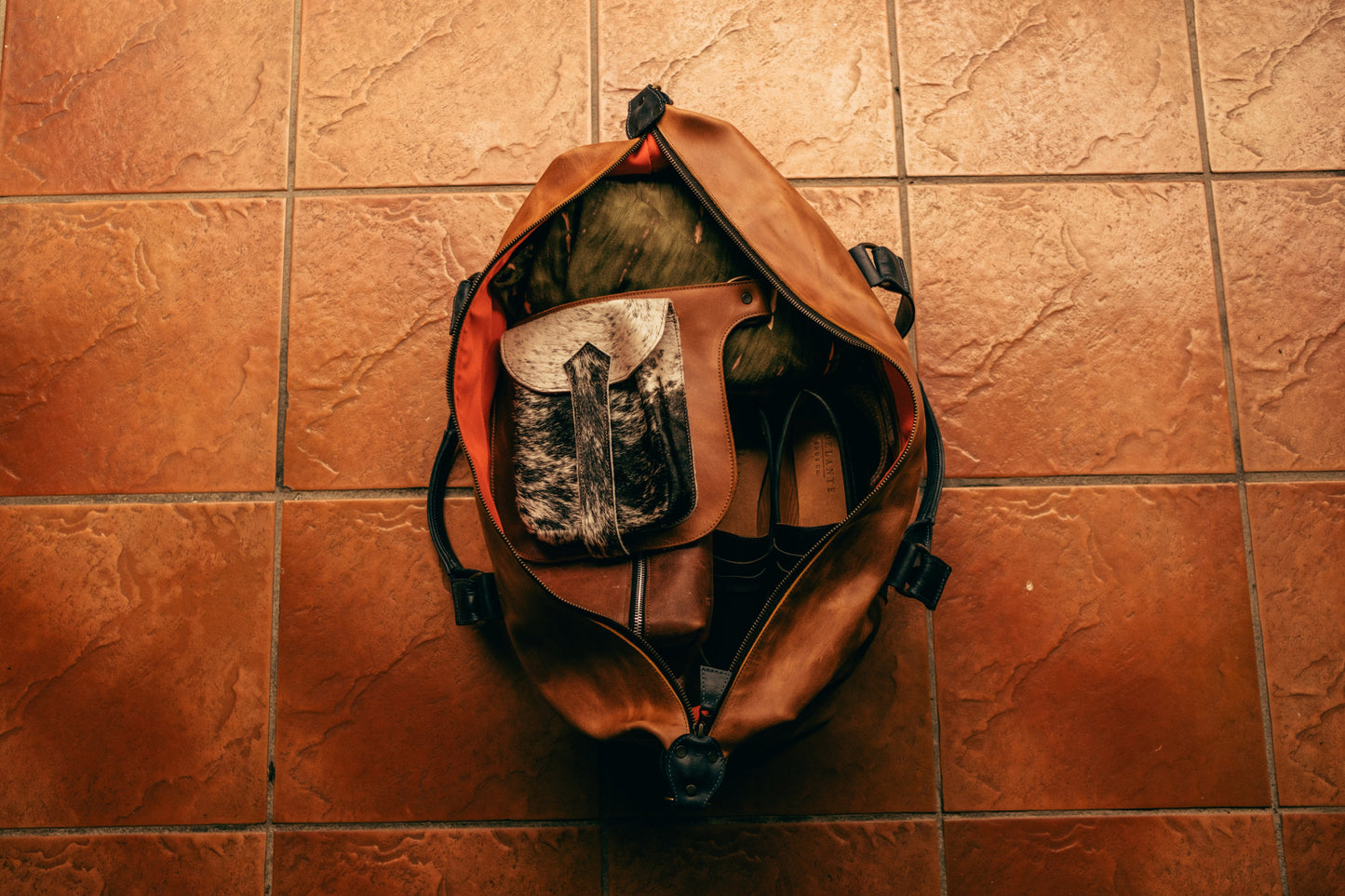Leather Duffel - Tan And Blue