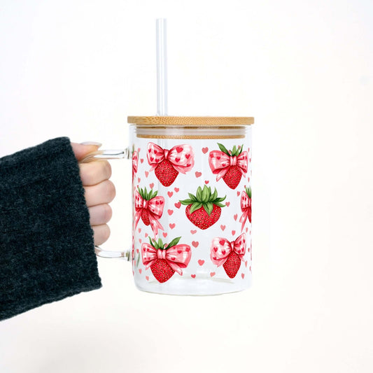 Valentine's Day Strawberry Bows 17oz Glass Mug With Lid and Straw