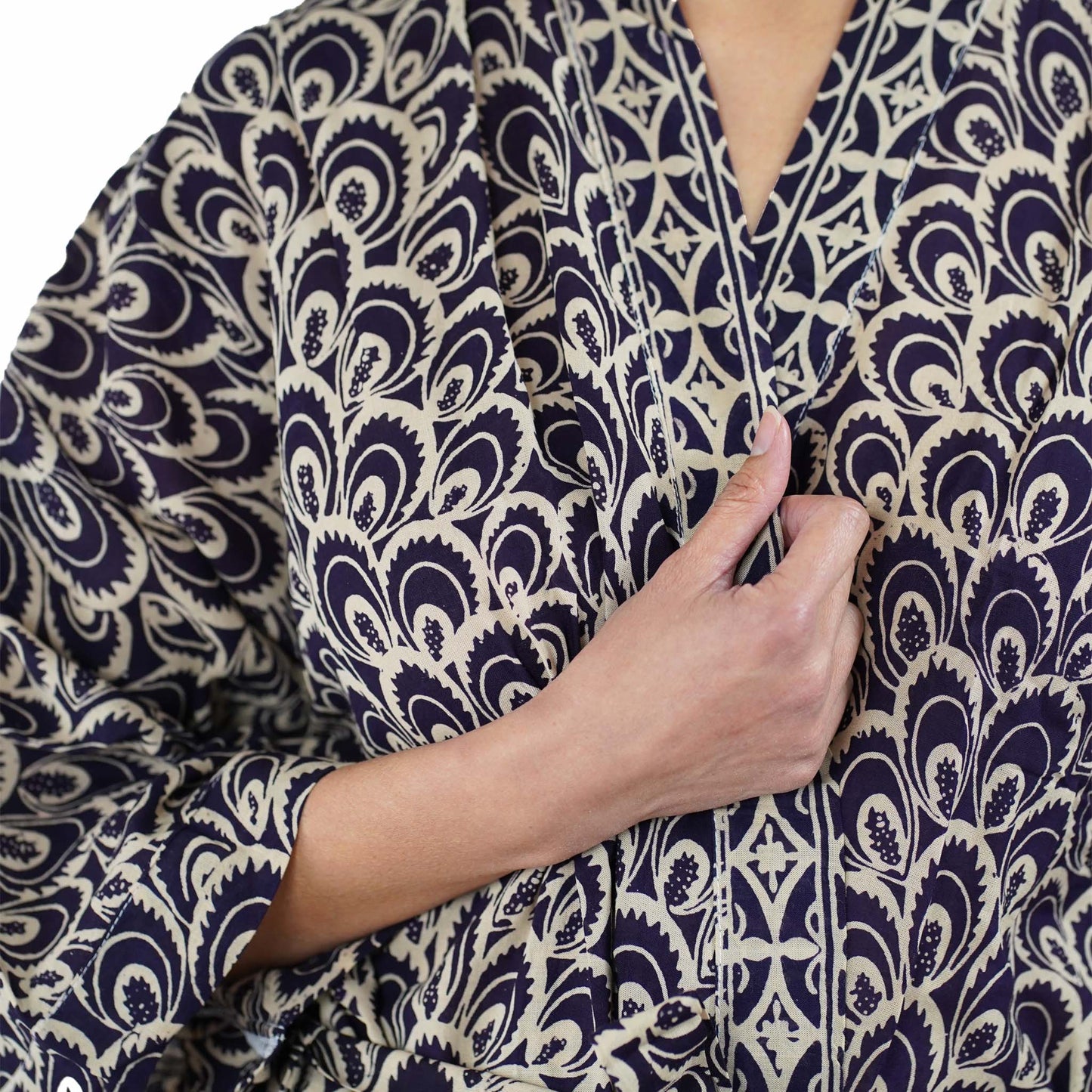 Handmade Batik Robe Kimono, 100% Cotton Soft, Hand Dyed, Black Gray Peacock
