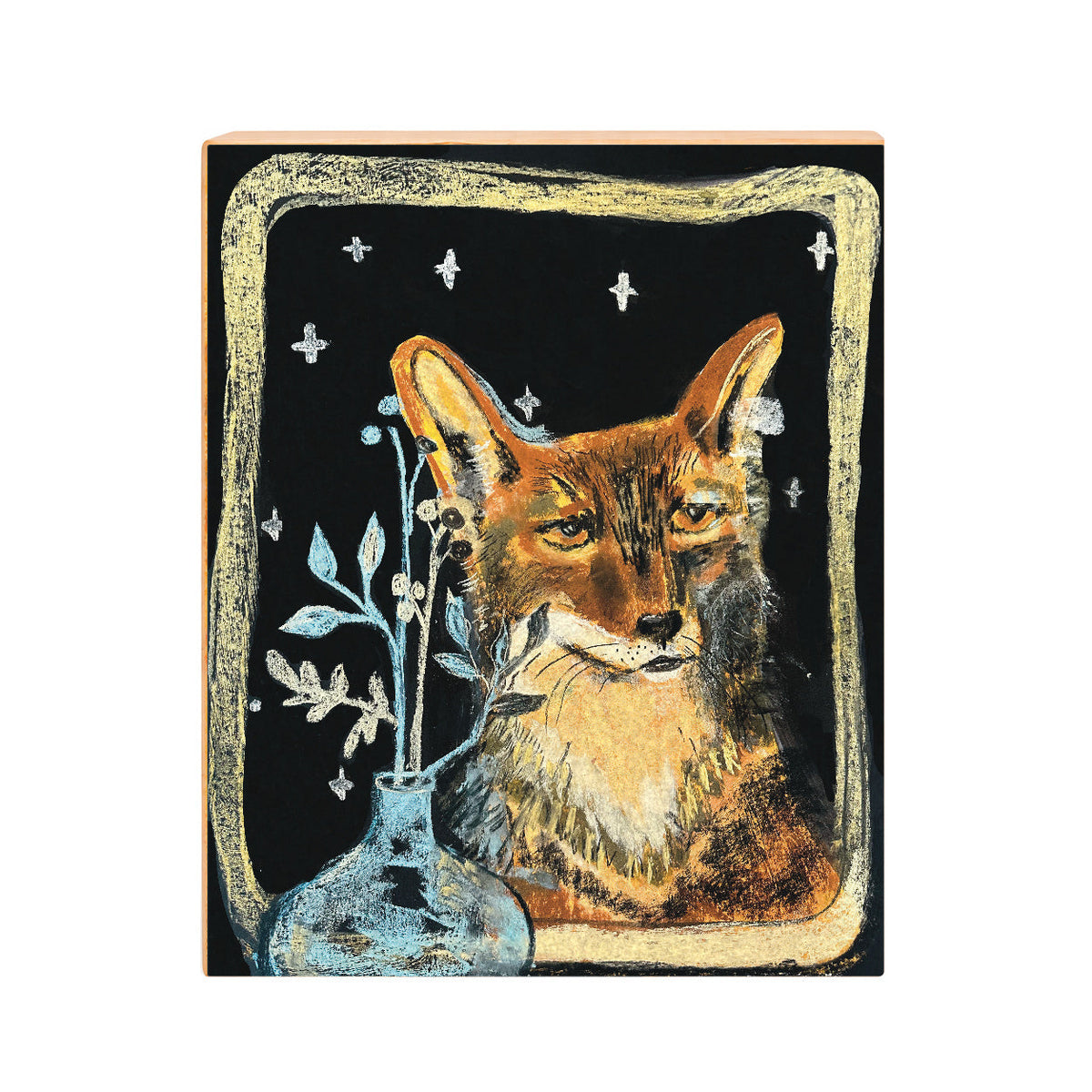 Fox in the Window with Vase, Starry Night Wildlife Art Print on Board