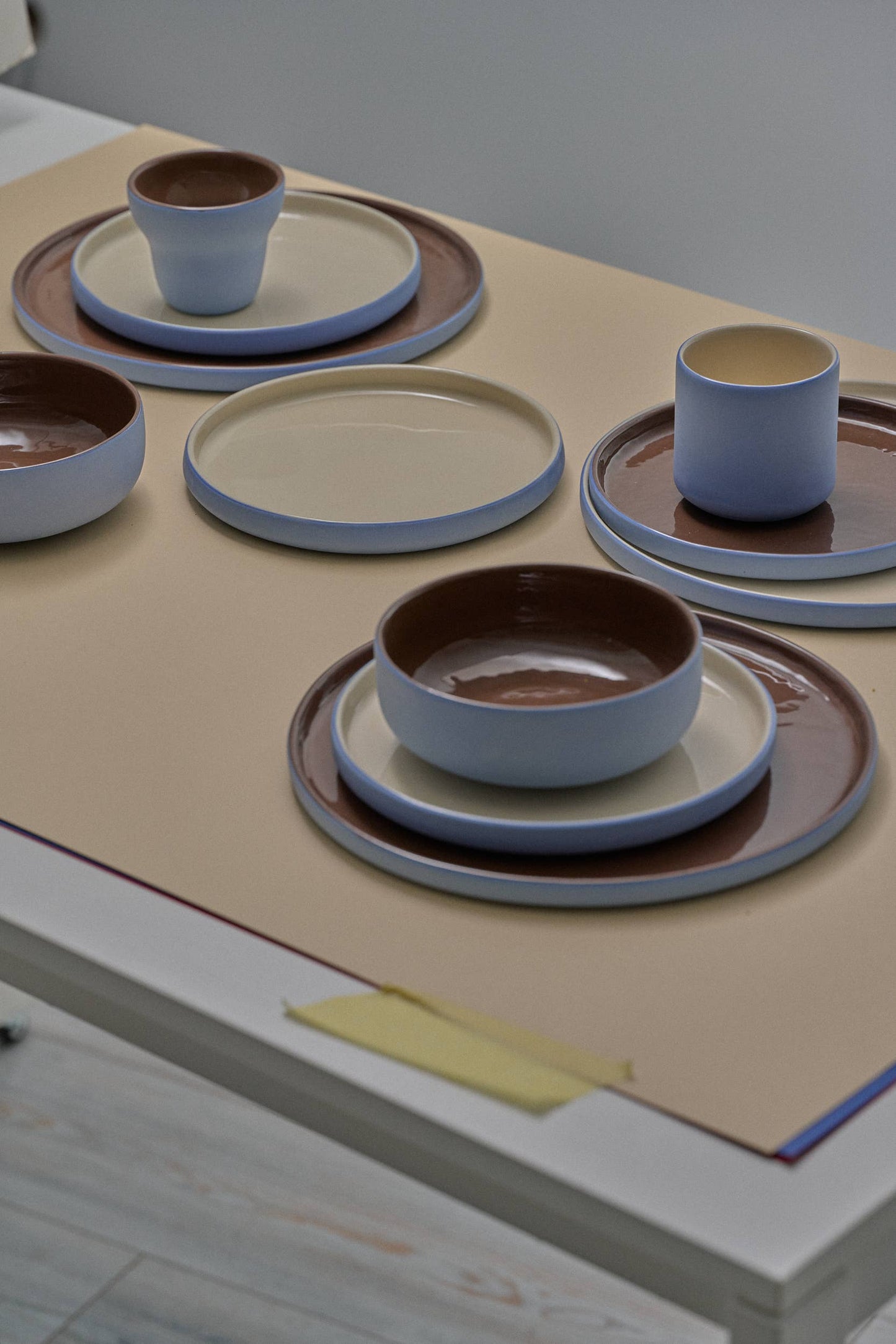 Handmade Porcelain Dinner Plates. Forget-me-not/Chocolate