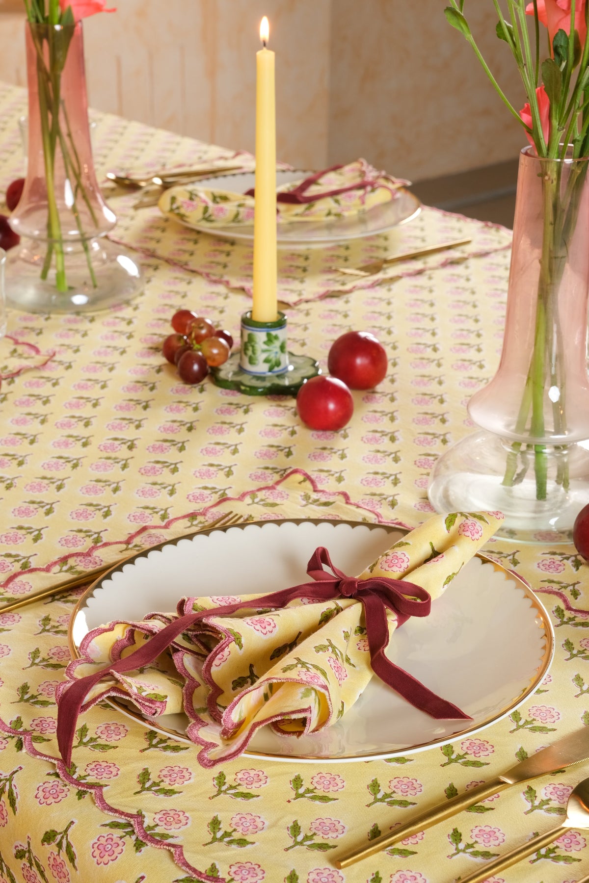 Mona Scallop Embroidered Blockprint Tablecloth in Butter Yellow