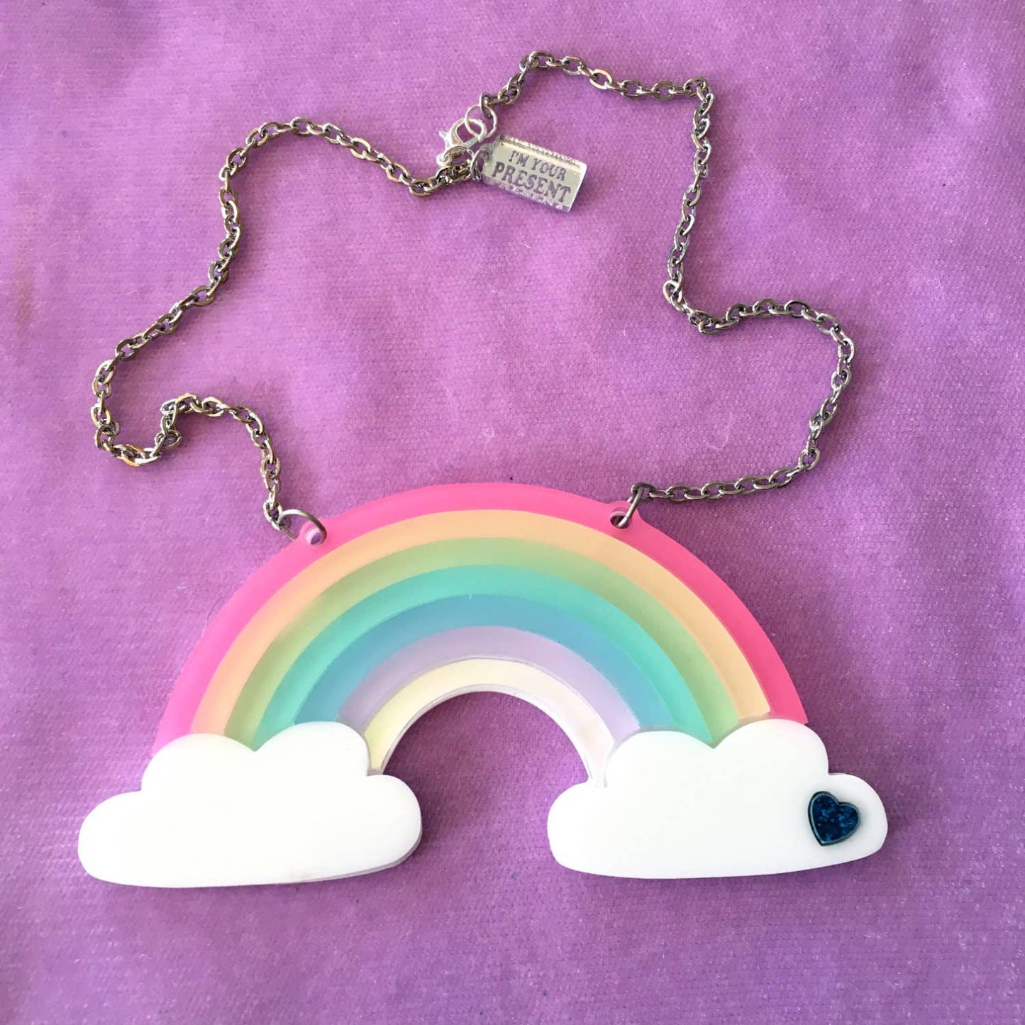 Pastel Frosted Rainbow Acrylic Statement Necklace With Clouds