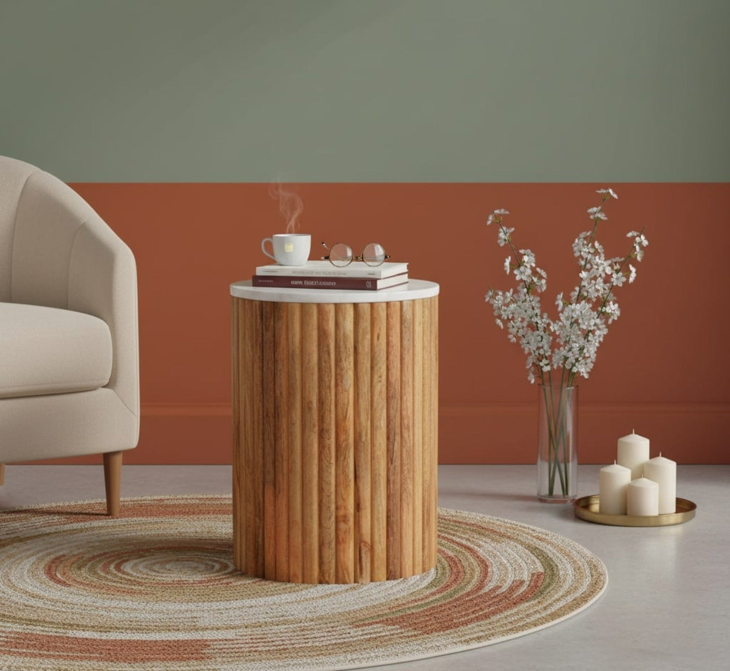 Artisan Furniture Solid Wood Fluted Marble Side Table