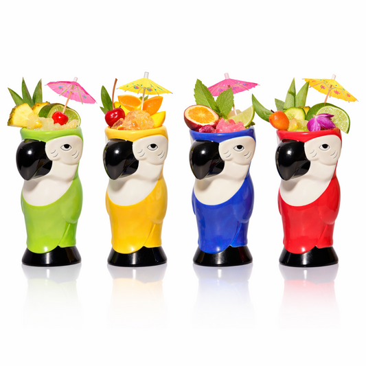 Ceramic Hawaiian Multi Color Parrot Tiki Glasses (15oz)