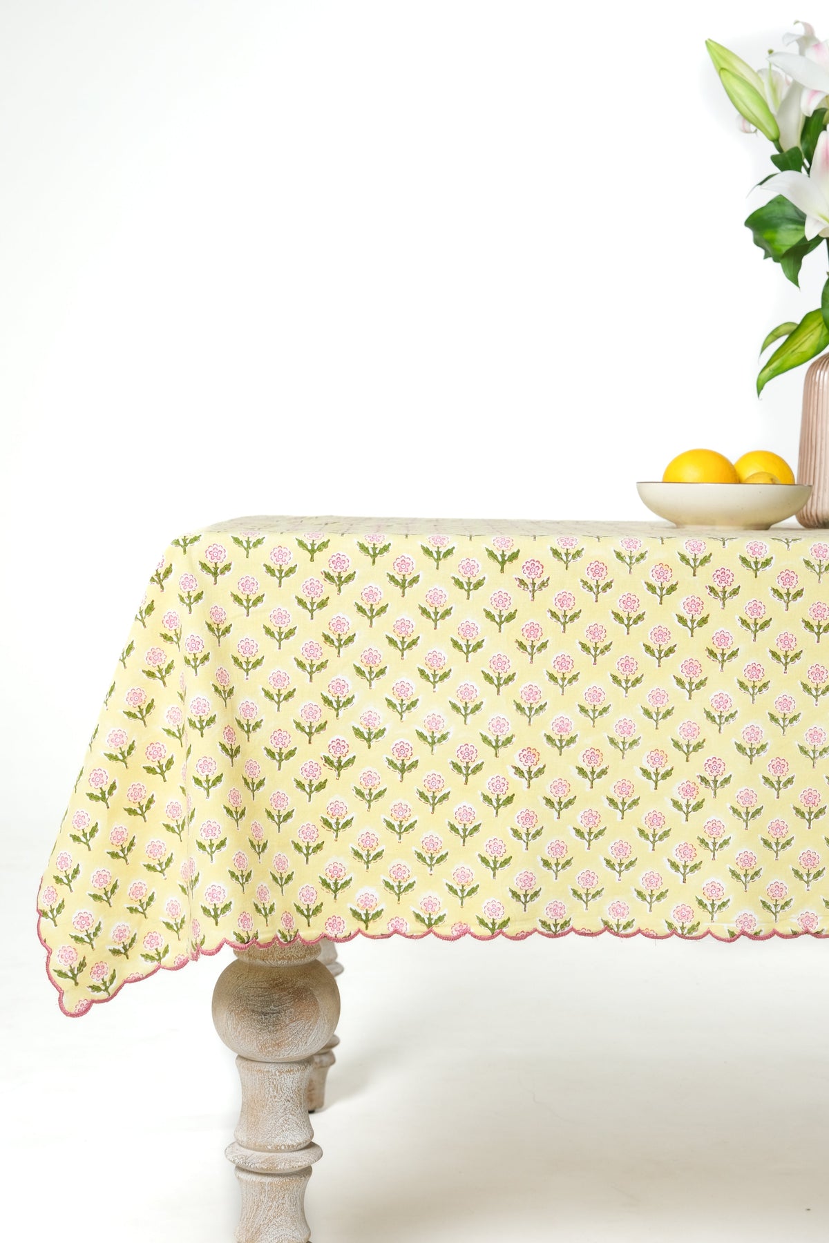 Mona Scallop Embroidered Blockprint Tablecloth in Butter Yellow