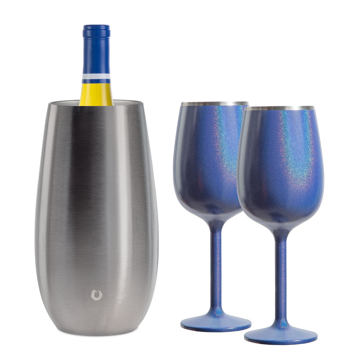 Stainless Steel Wine Chiller and Wine Glass Gift Set - Steel and Blue