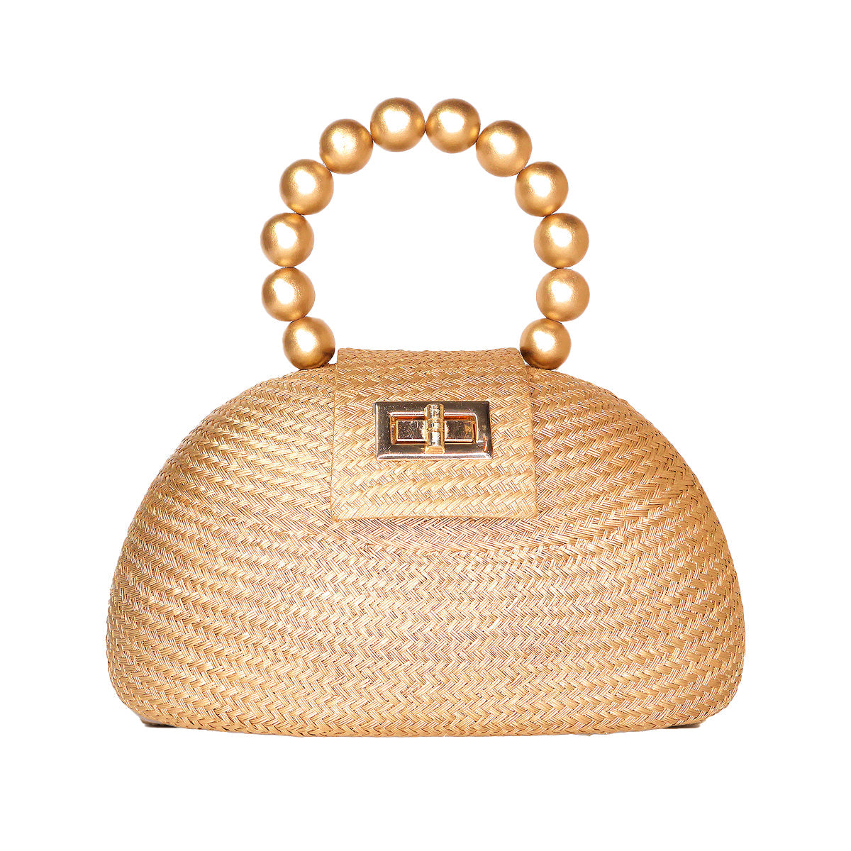 THE ORLA Gold Woven Straw & Wooden Bead Statement Clutch Bag