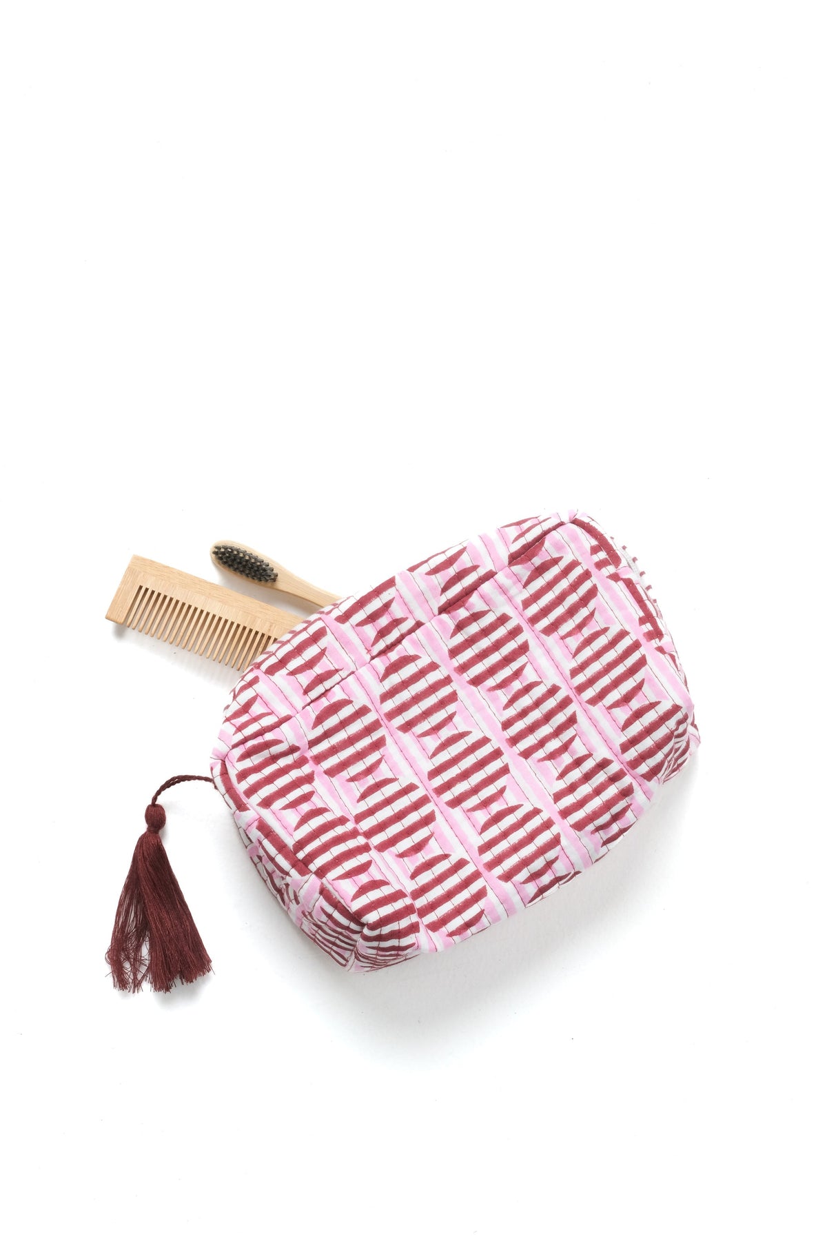 Striped Circles Blockprint Makeup Bag in Burgundy and Pink
