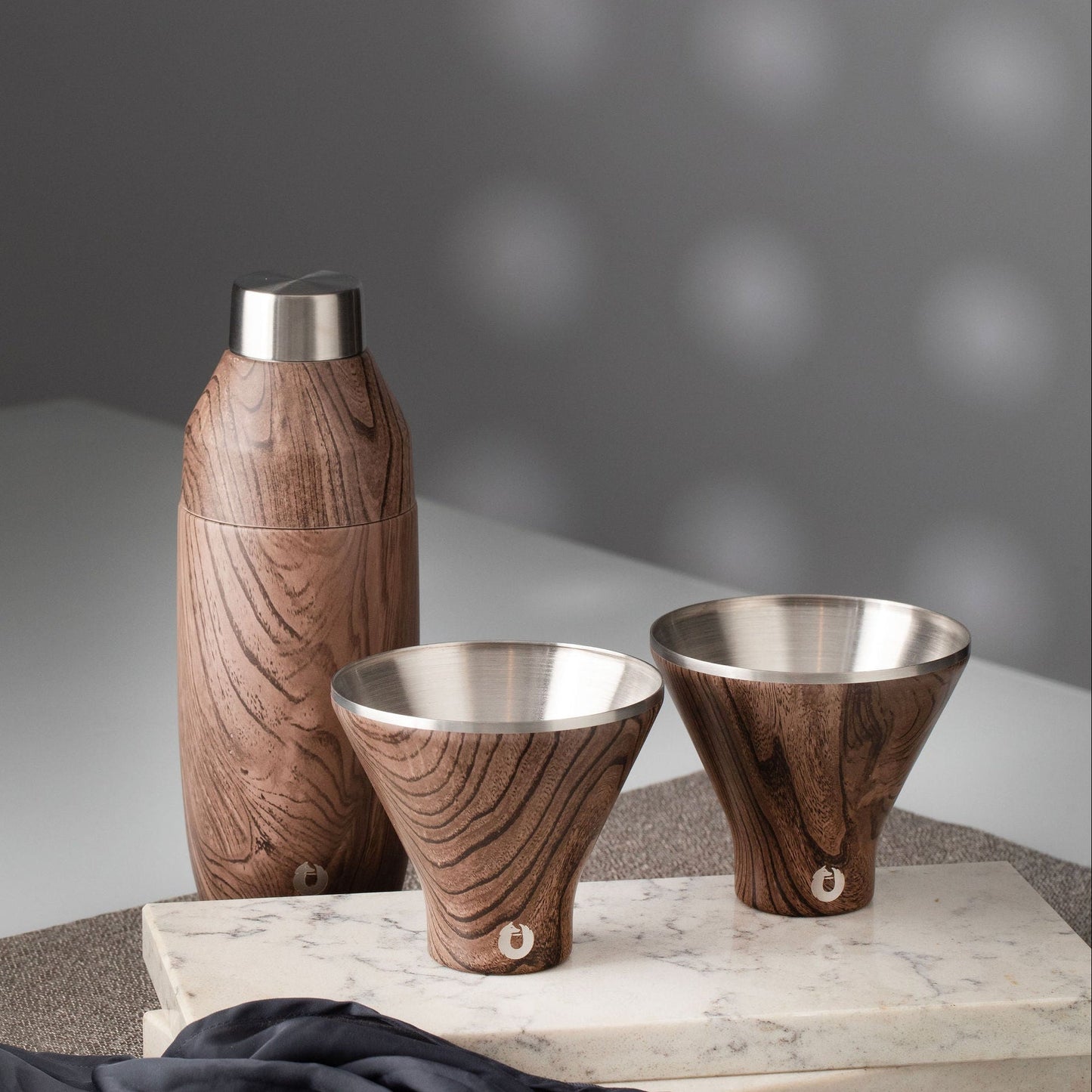 Stainless Steel Cocktail Shaker and Martini Glass Set, Dark Walnut
