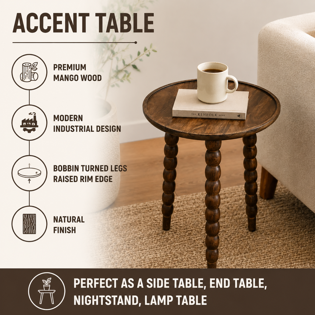 Mango Wood Round Accent Table with Metal Legs, Knockdown