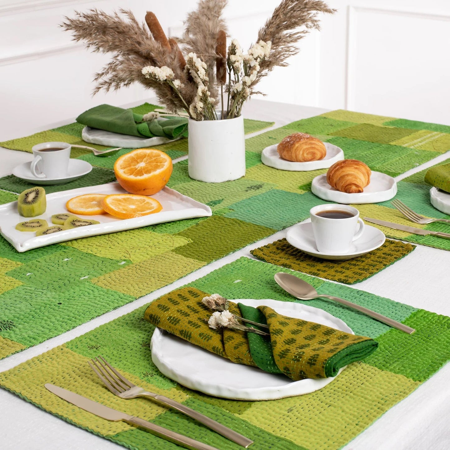 S/2 Mosaic Fray Patch Vintage Kantha Placemat - Lime Green