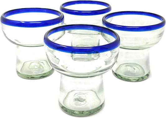 Set of 4 Hand Blown Stemless Blue Rim Margarita Glasses