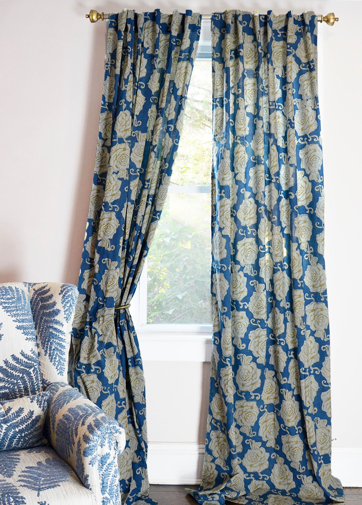Floral Block Print Curtain, Boho Window Panel - Rose Gold