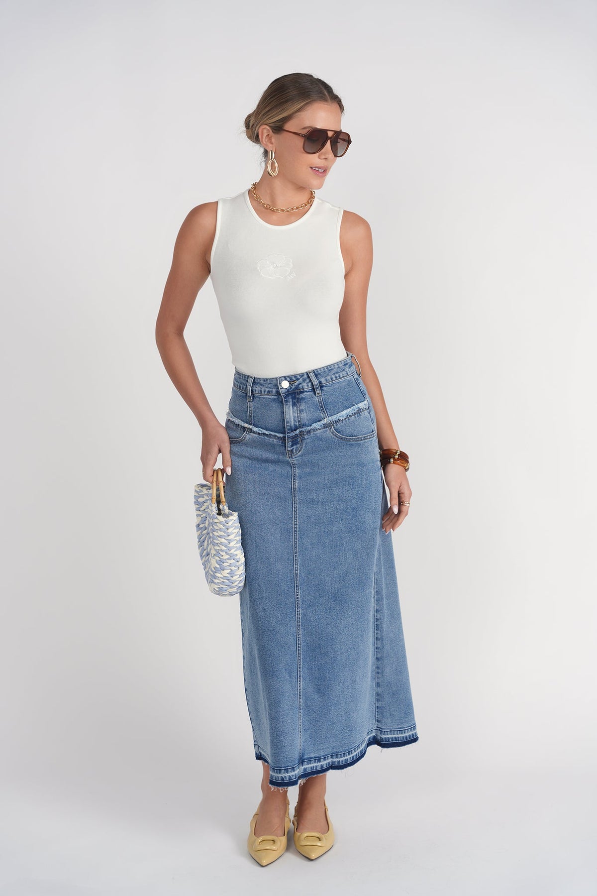 Fray Detail Denim Skirt- Light Wash Blue Denim