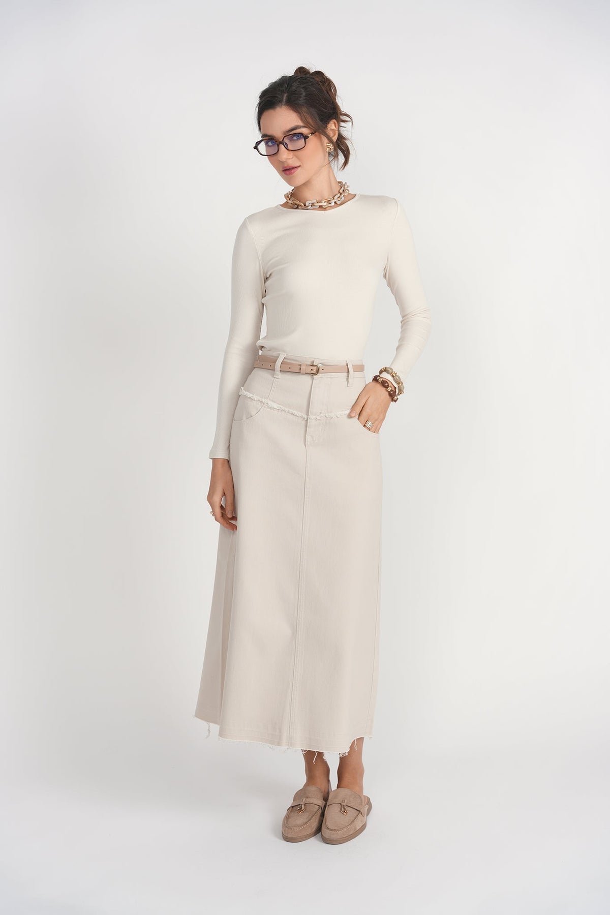 Long Sleeve Ribbed V Neck Tee- Cream