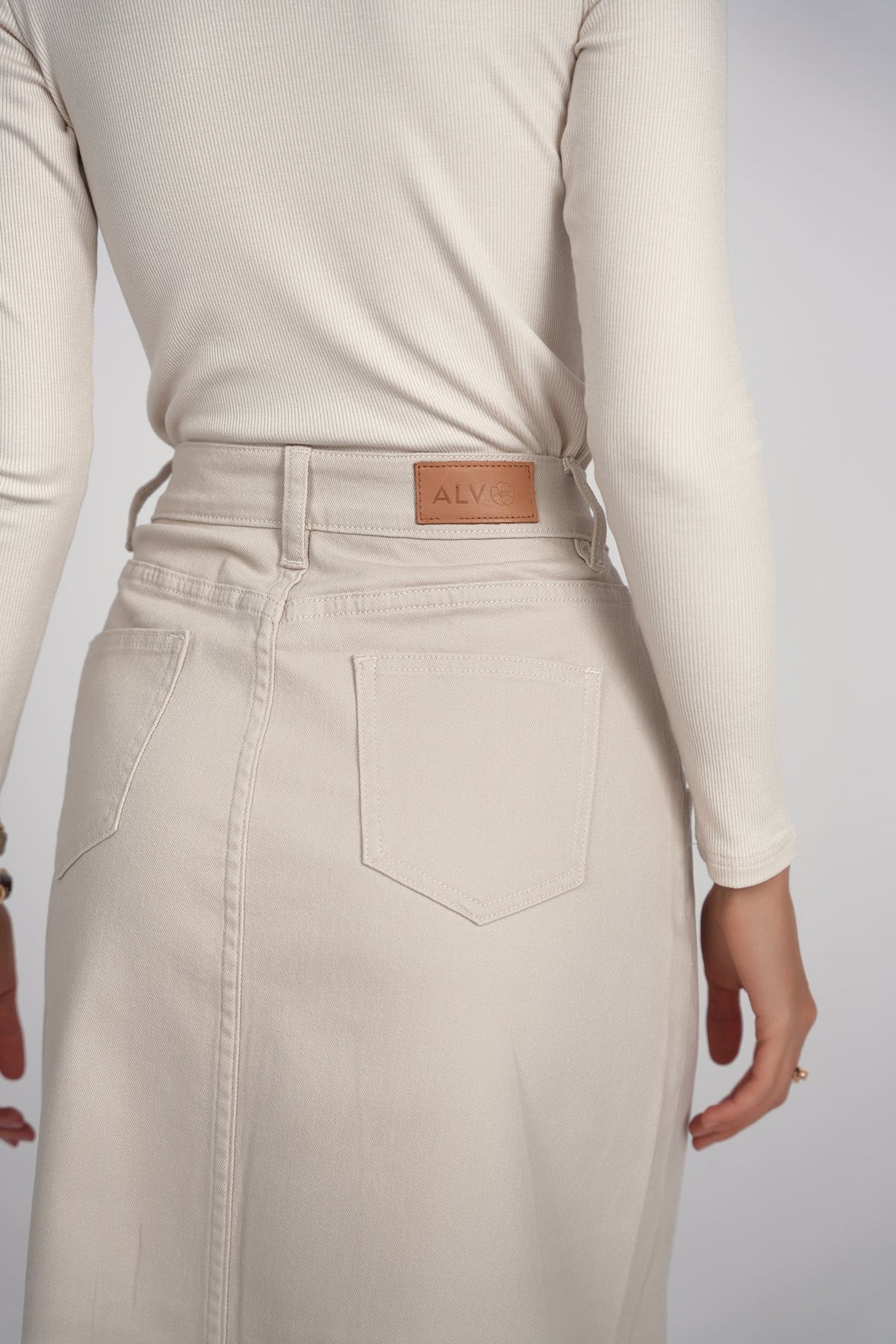 Fray Detail Denim Skirt- Stone