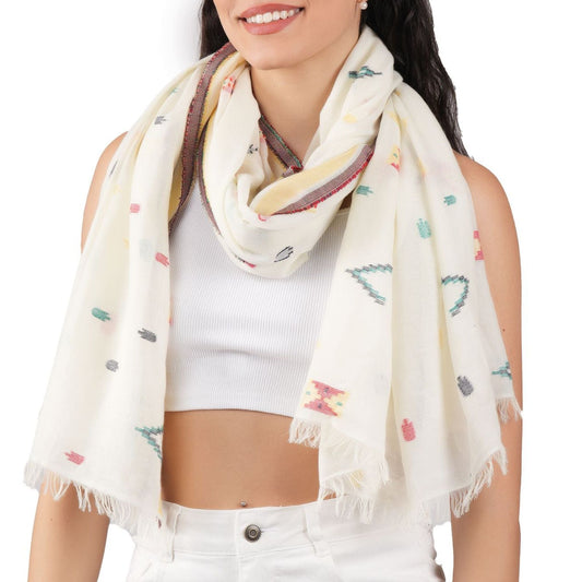 Pixel Woven Cotton Scarf - Ivory