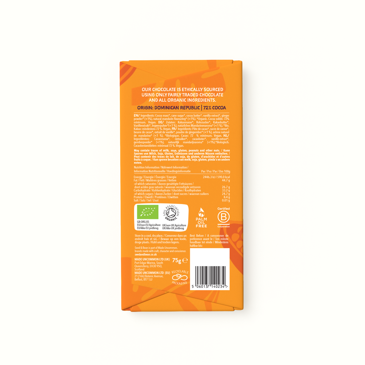 Zesty Mandarin & Spicy Ginger Extra Dark Chocolate Bar - 75g - Organic, Vegan, 72% Cocoa