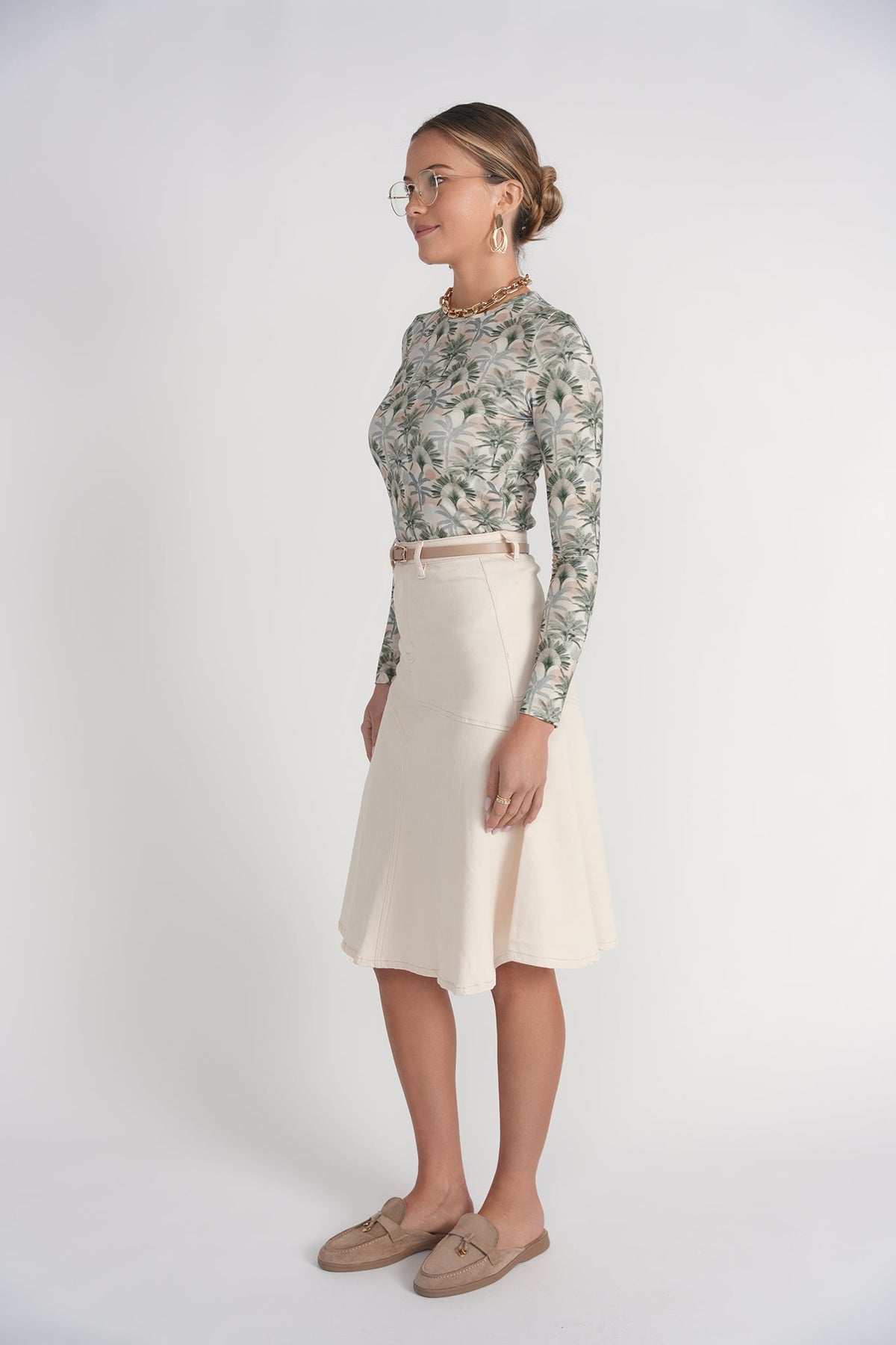 Drop Hem Denim Skirt 25”- Cream