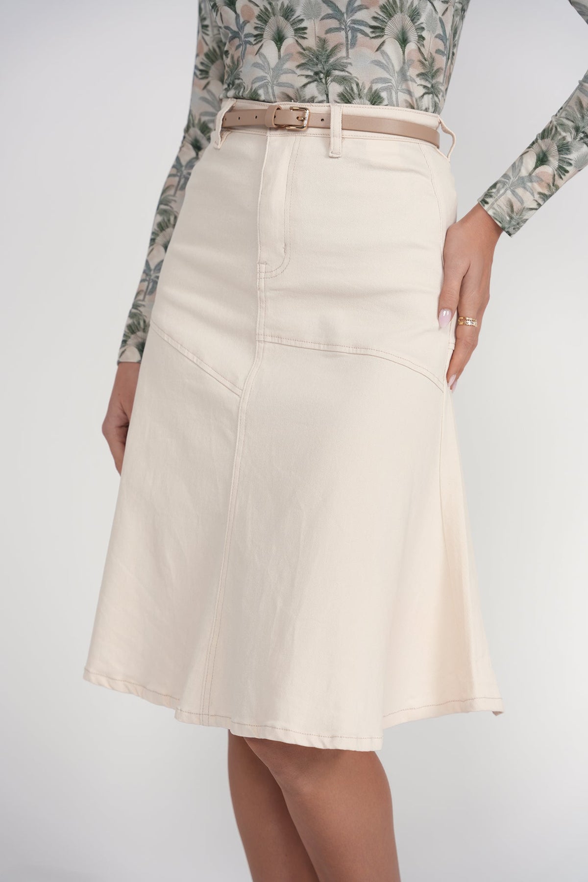 Drop Hem Denim Skirt 25”- Cream
