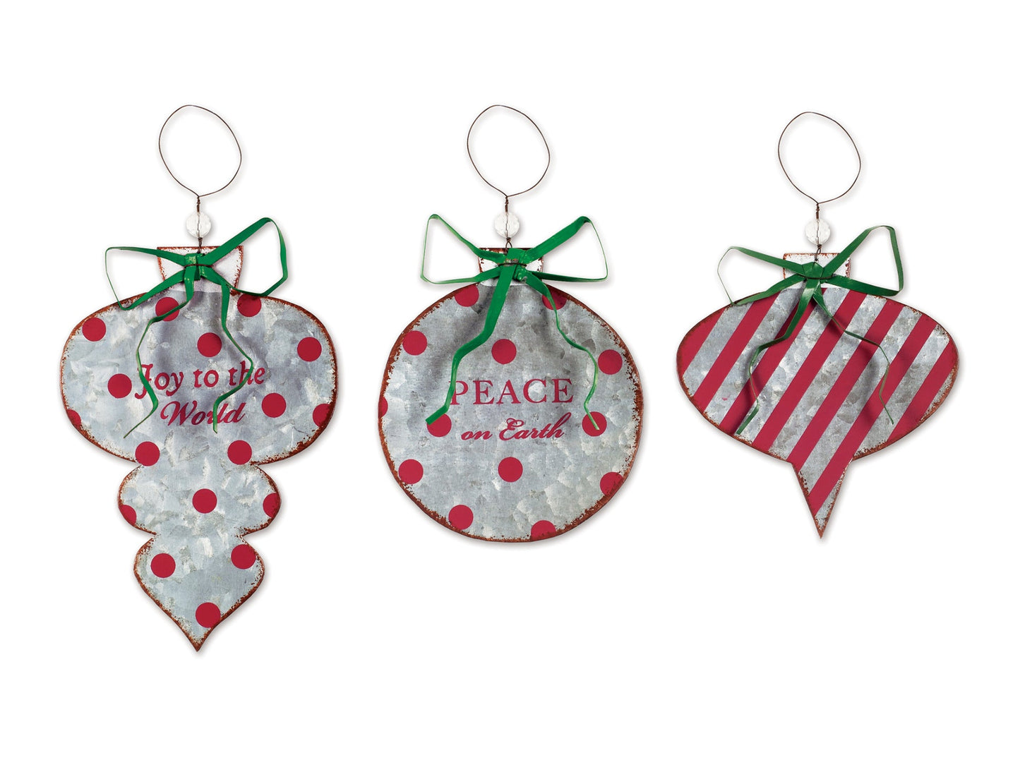 Festive Farmhouse Galvanized Metal Bauble Ornaments - Set of 3