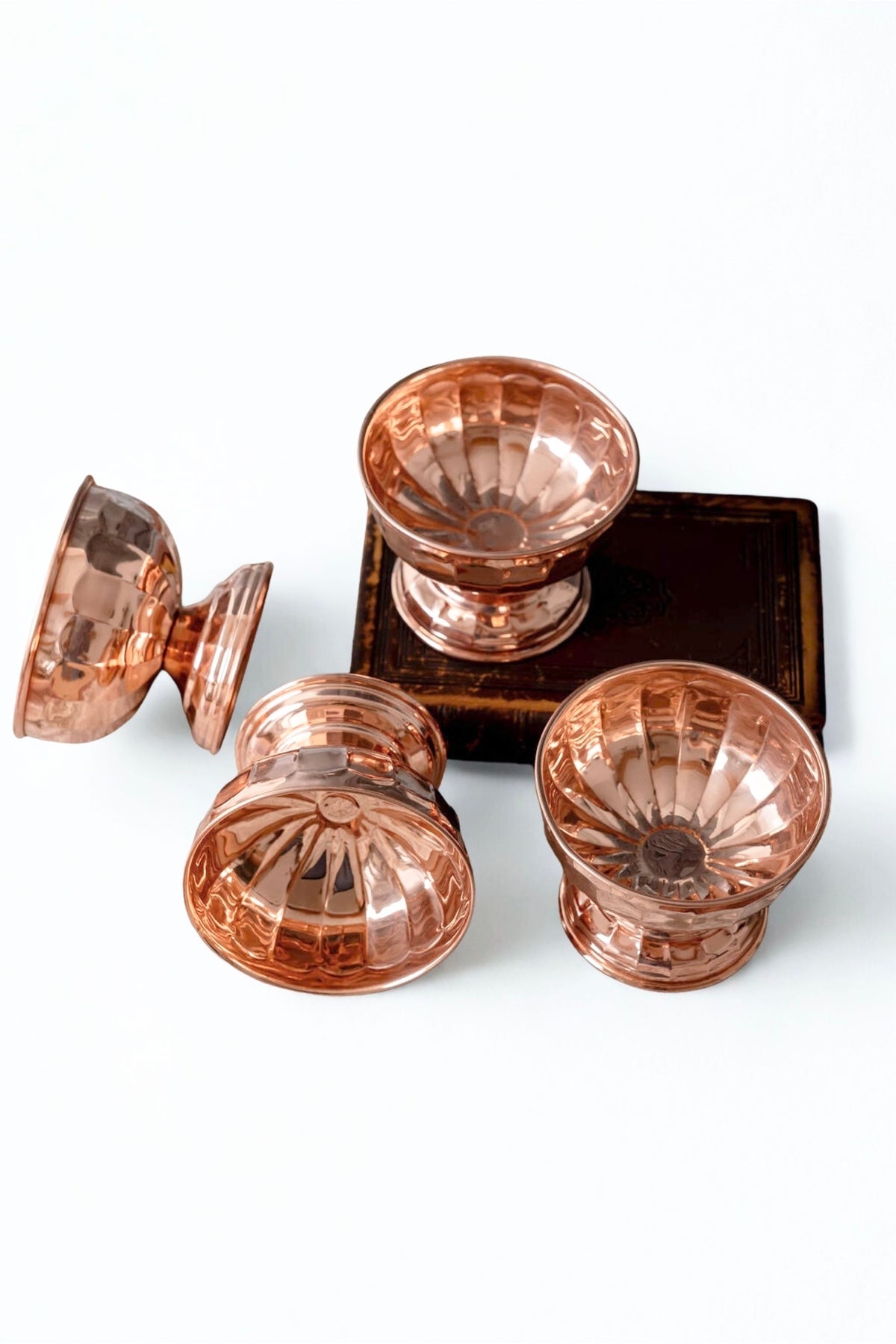 Vintage Inspired Copper Pedestal Bowls with Scalloped Panel Design – Set of 2