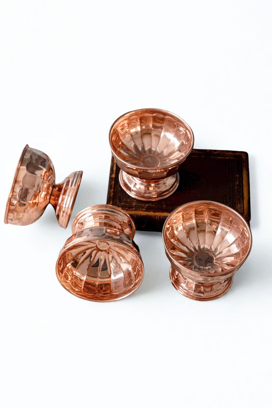 Vintage Inspired Copper Pedestal Bowls with Scalloped Panel Design – Set of 2