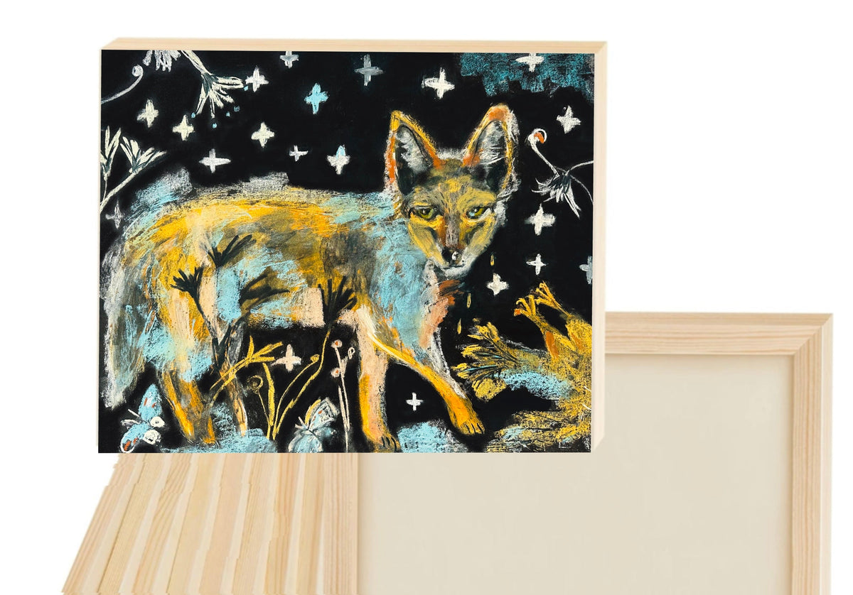 Nighttime Coyote and Chicken Folk Art Print on Board, Whimsical Wildlife Wall Art