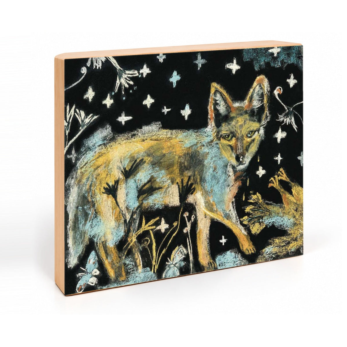 Nighttime Coyote and Chicken Folk Art Print on Board, Whimsical Wildlife Wall Art