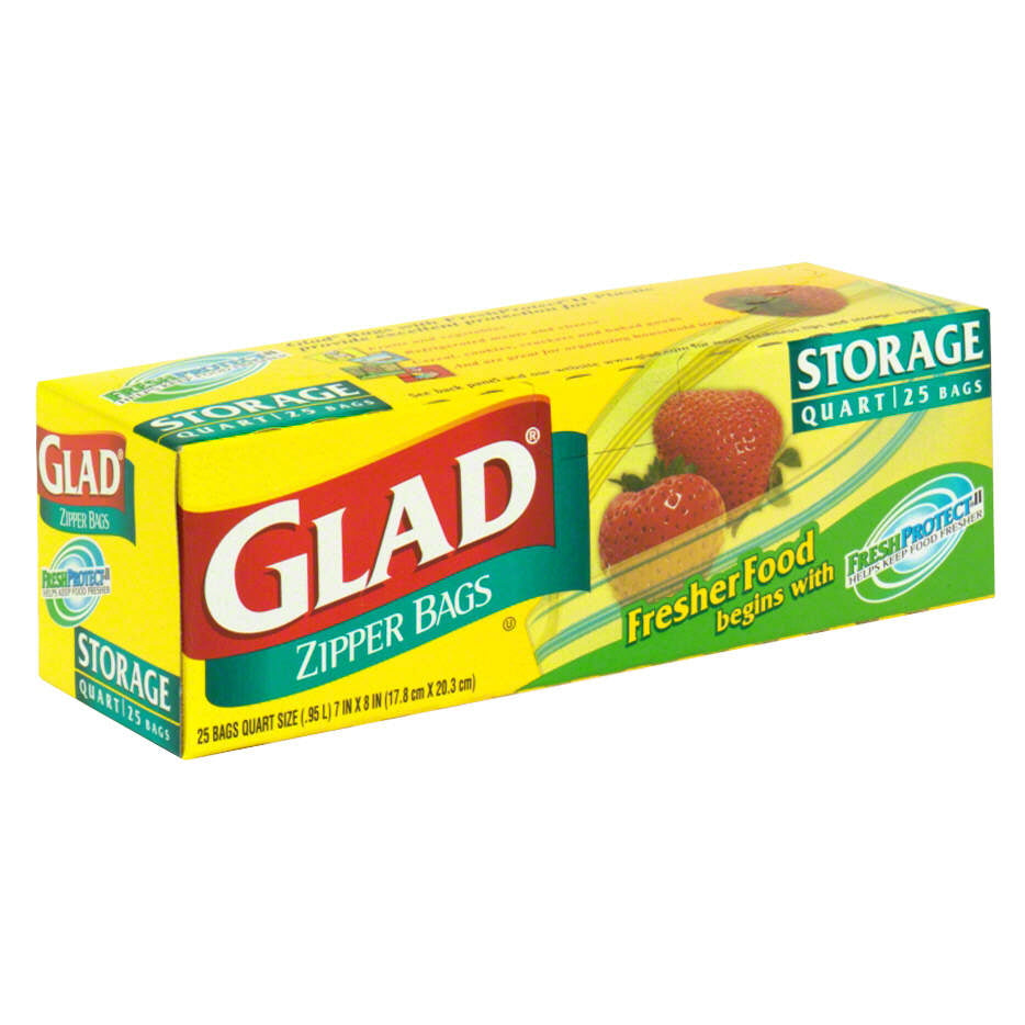 Glad Zipper Storage Bags, Quart Size 25 Bags