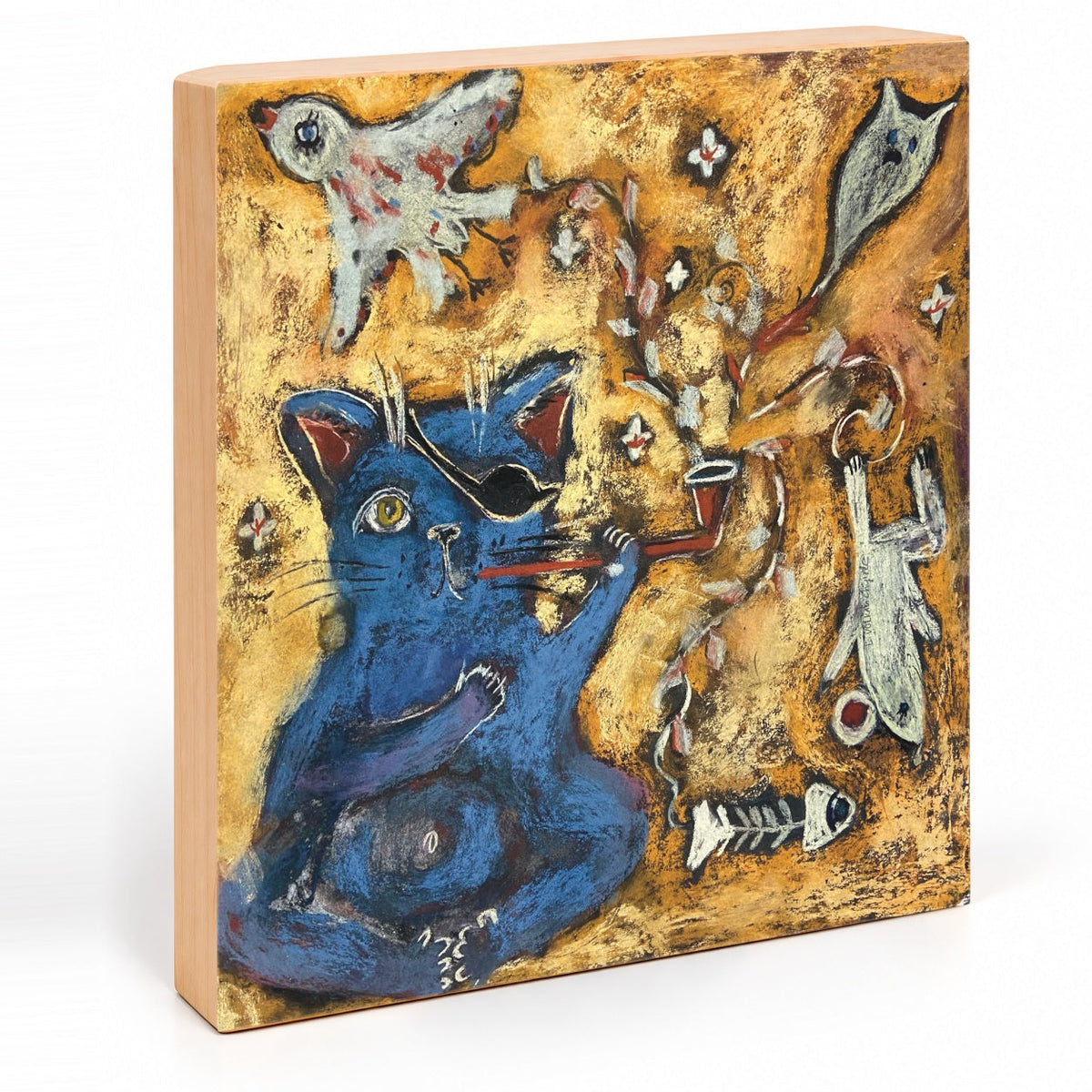 Smoking Cat: Blue Pirate Cat with Eye Patch and Pipe Art Print on Board