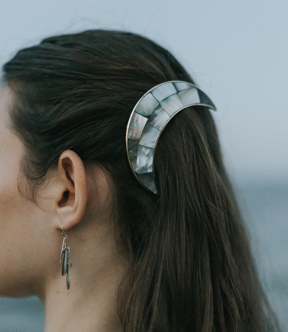 Chandra Crescent Moon Hair Pin with Stick - Mother of Pearl
