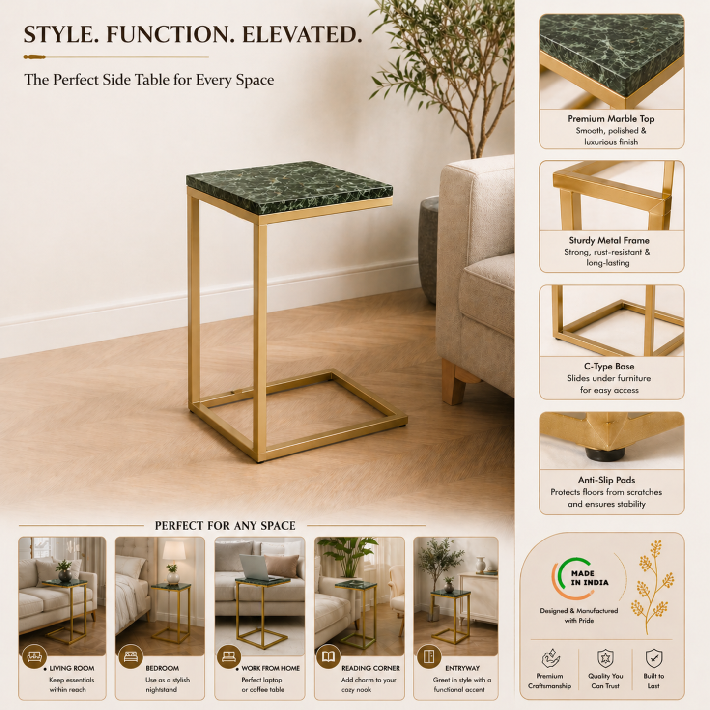 C-Shape Side Table with Marble Top