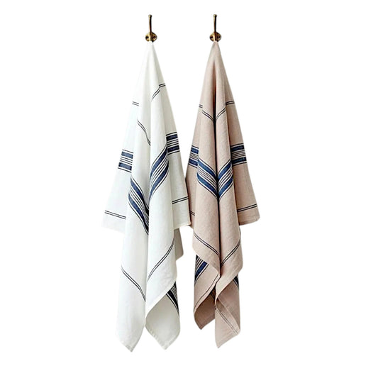 Handmade French Linen Kitchen Towels: Blue & Mauve Striped Tea Towels