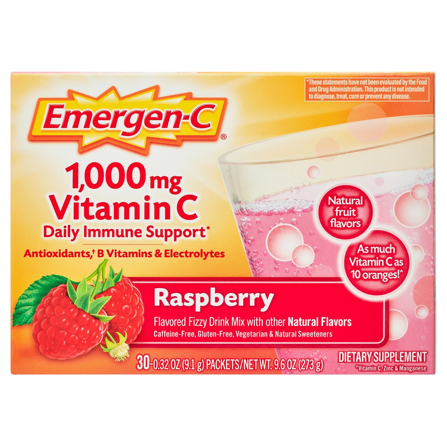 Emergen-C Vitamin Fizzy Drink Mix 1000 Mg, Raspberry Supplement - 30 Packets/Pack
