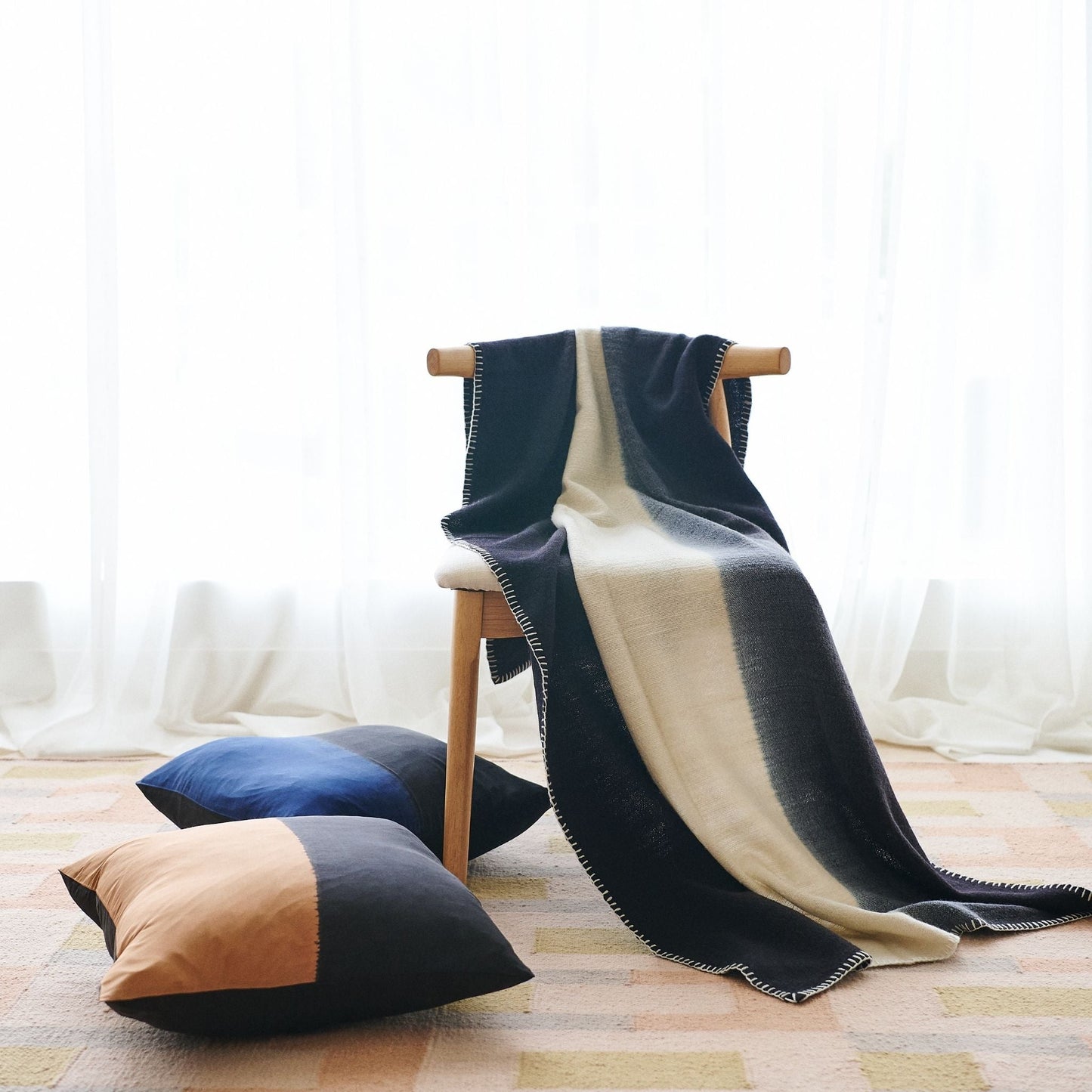 Ink Black White Ombre Textured Throw  In Hand Spun Merino And Hand Stitched Hem