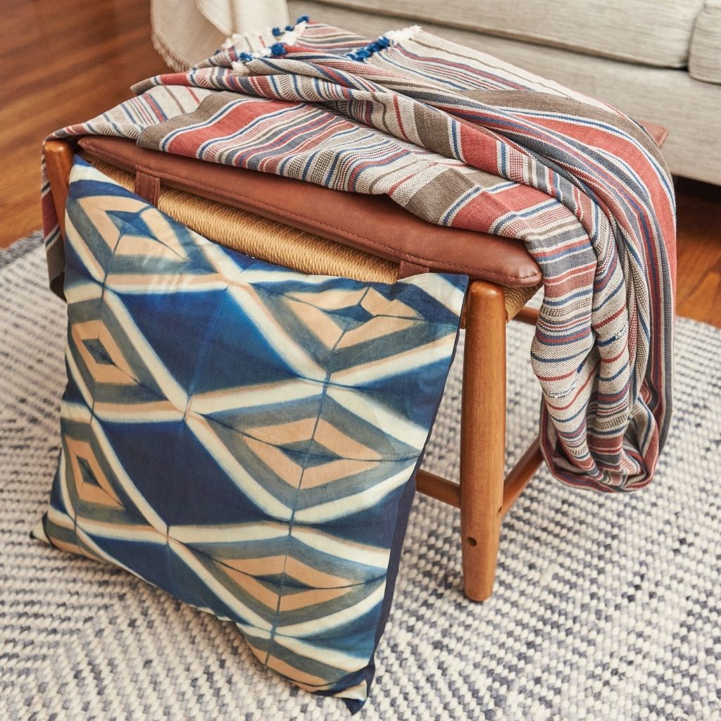 Tisa Indigo Handcrafted Shibori Geometri Print Mulberry  Silk Pillow