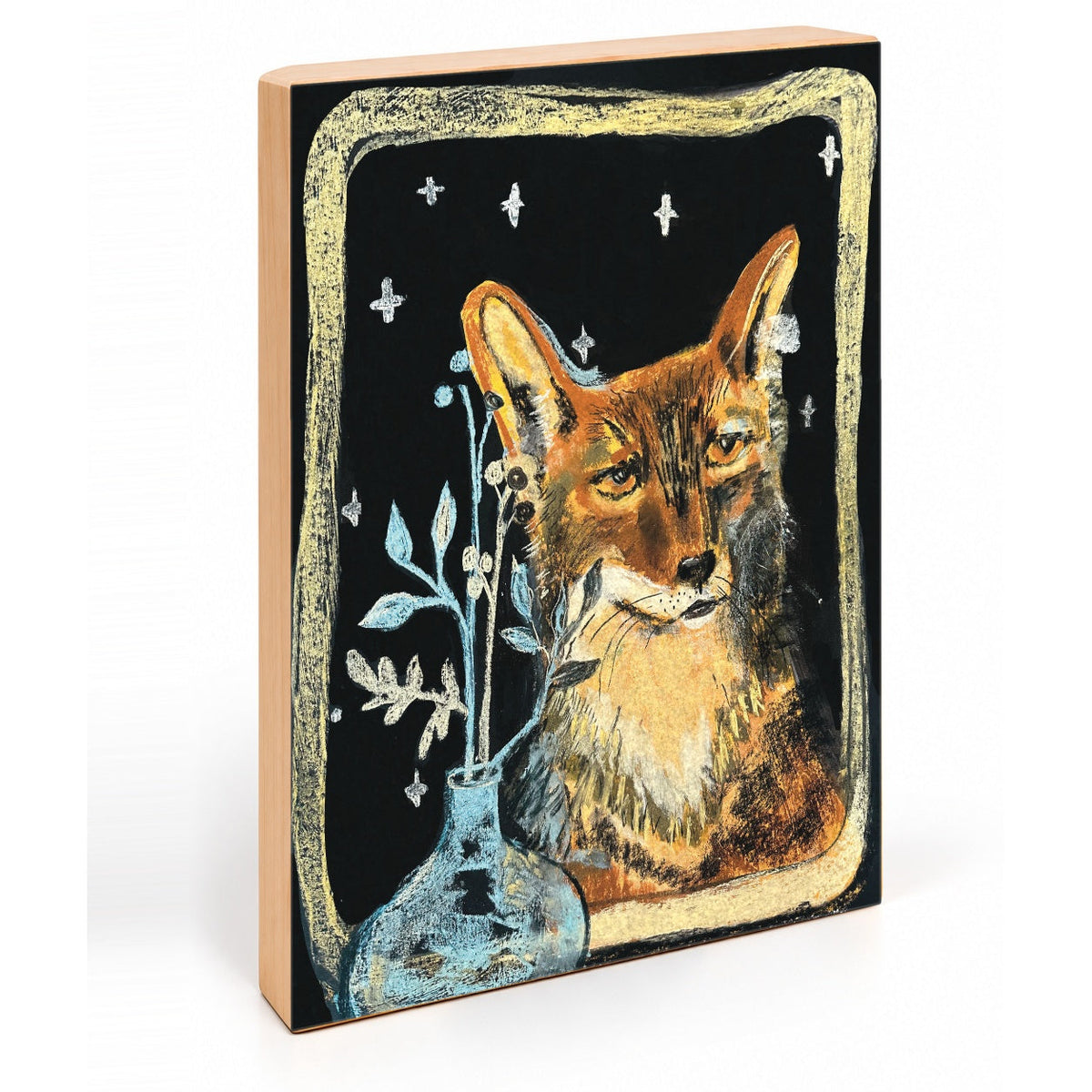 Fox in the Window with Vase, Starry Night Wildlife Art Print on Board