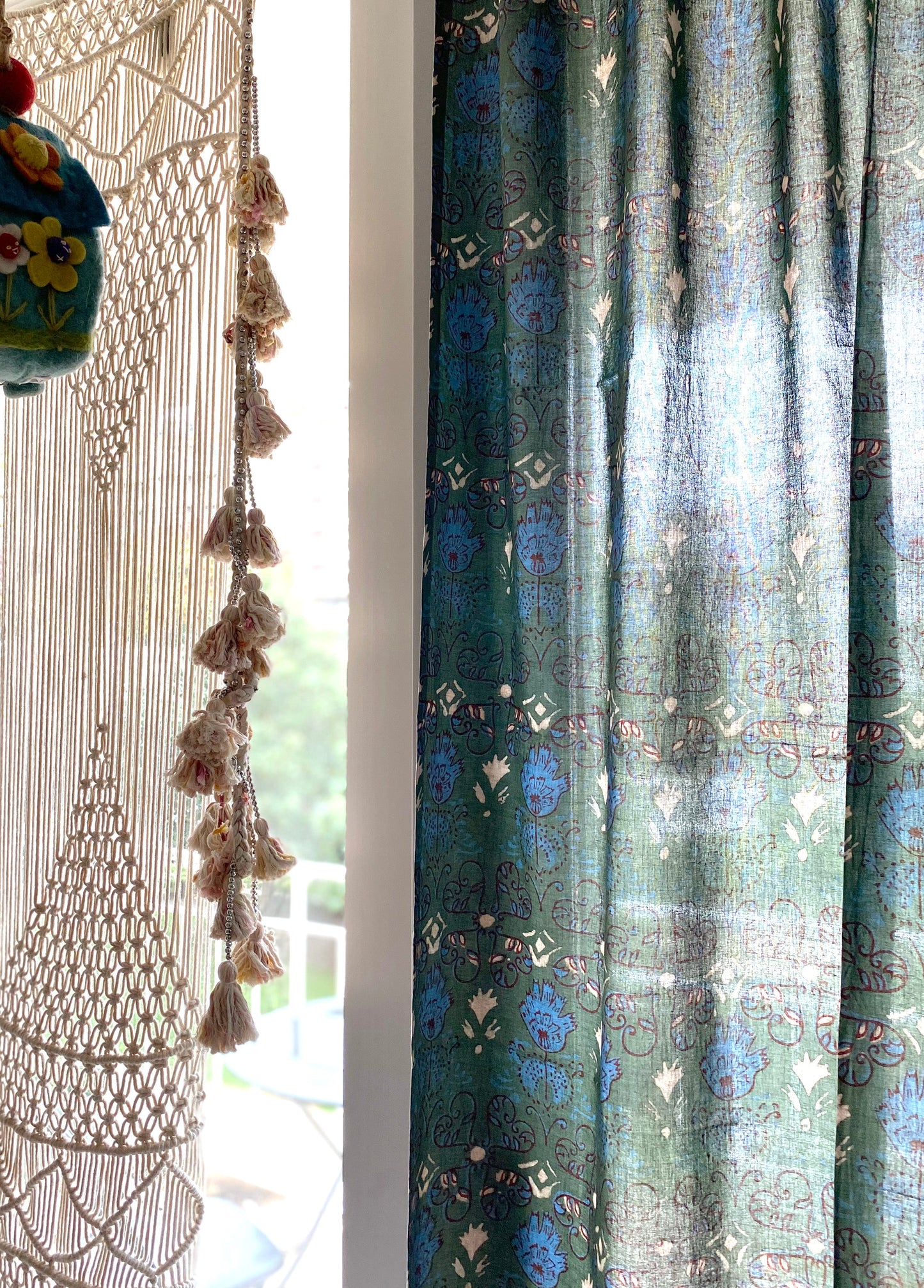 Curtain Panel, Boho Block Print Cotton Drape - Meadow Green