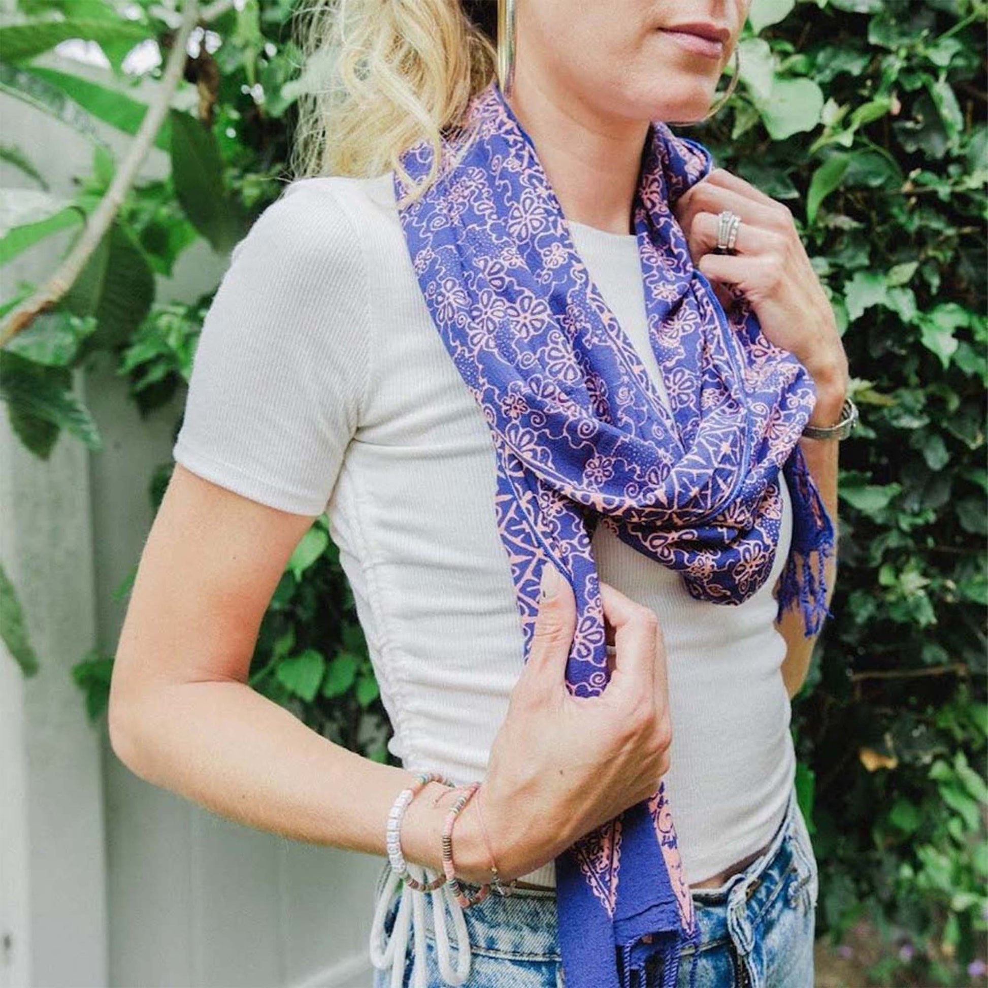 Hand Dyed Batik Scarf, Soft Cotton, Mangosteen, Blue, Pink, Fruit, Floral - Osadia Concept Store