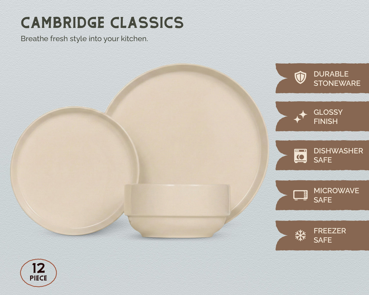 Dinnerware Set, 12 Piece Service for 4, Ceramic, Cambridge Classics