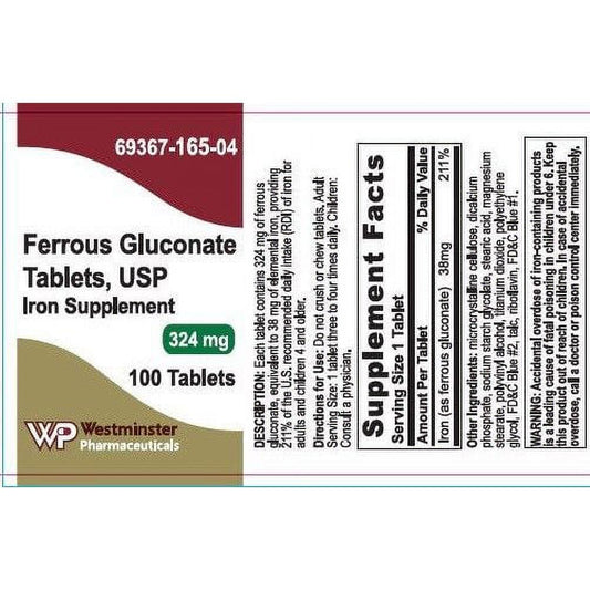 Westminster Pharma Ferrous Gluconate 324mg USP Tablets 100ct