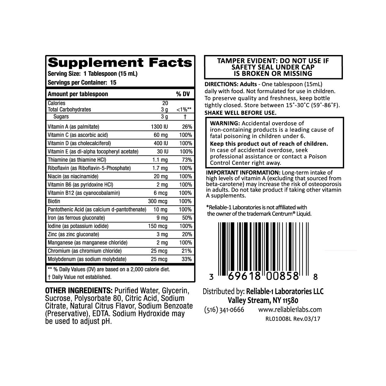Reliable-1 Laboratories Multi Vite Liquid, Natural Citrus Flavor, 8 Oz