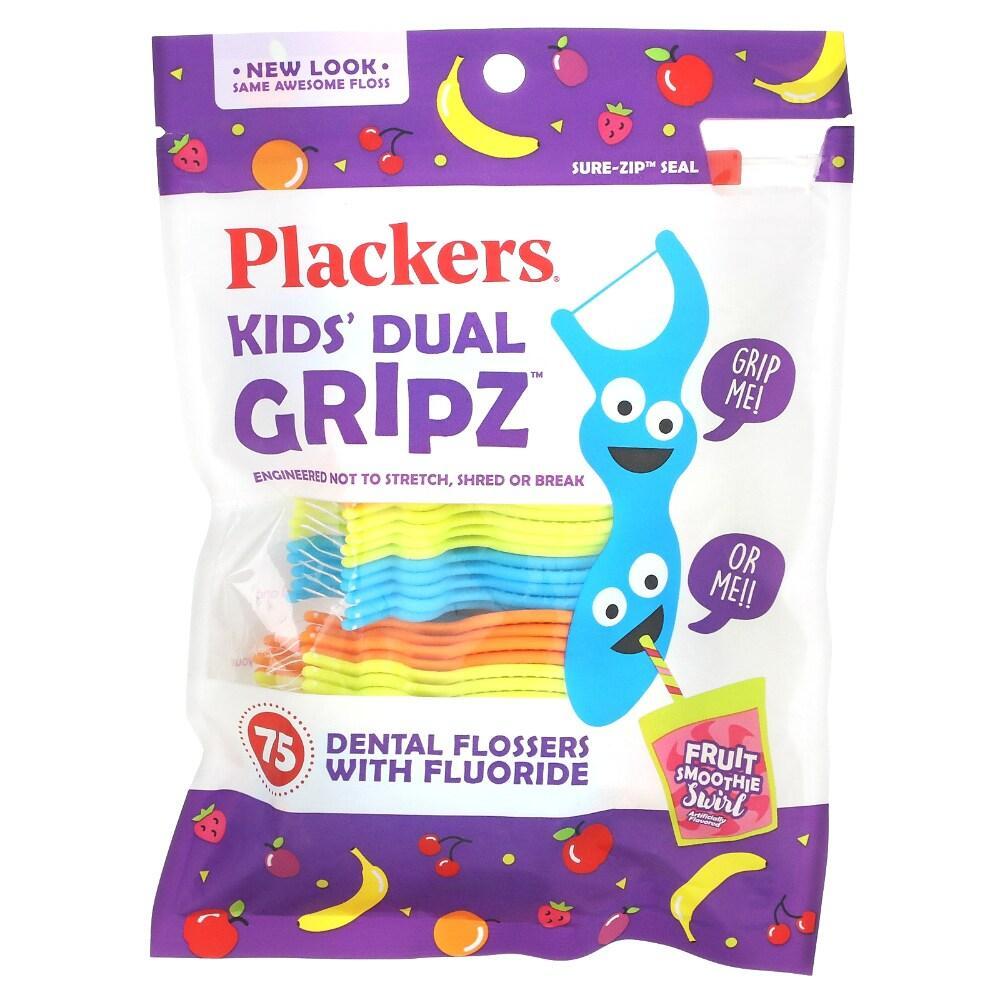 Plackers Kids Dental Flossers, With Fluoride, Dual Gripz, Fruit Smoothie Swirl
