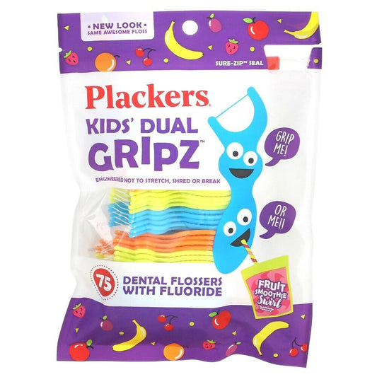 Plackers Kids Dental Flossers, With Fluoride, Dual Gripz, Fruit Smoothie Swirl