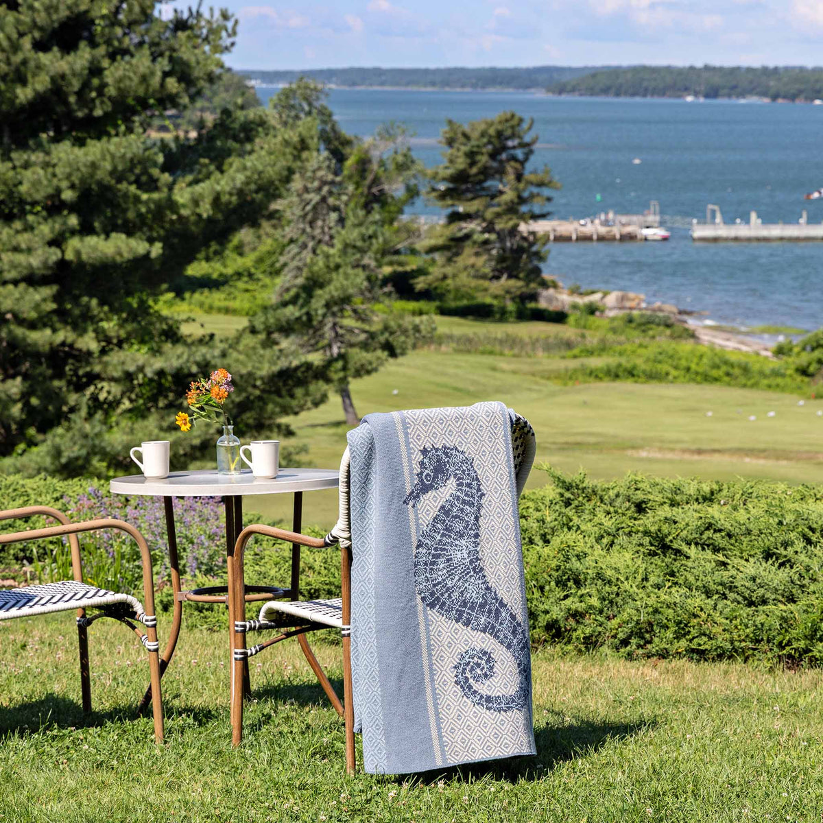 Seahorse Square - Cotton Sustainable Knit Throw Blanket | Coastal